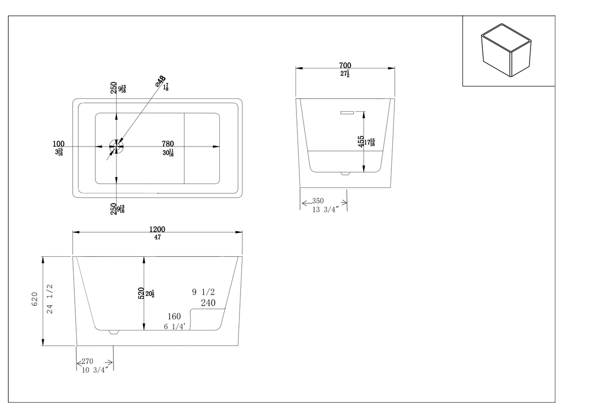 Dimensional outline of 47" rectangular acrylic soaking tub with built-in seat