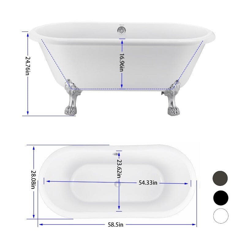 White 59" Double Ended Clawfoot Tub Overall Dimensions Description