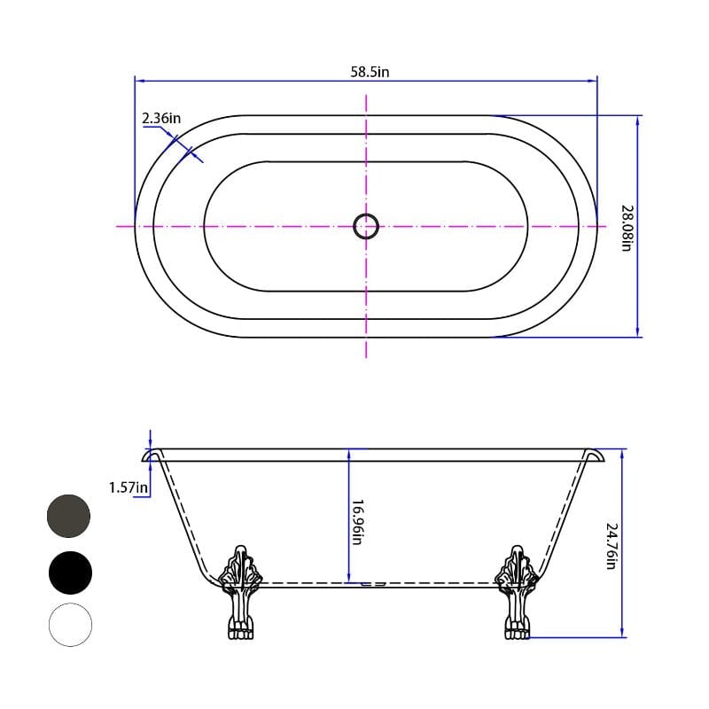 White 59" Double Ended Clawfoot Tub Overall Dimensions Outline