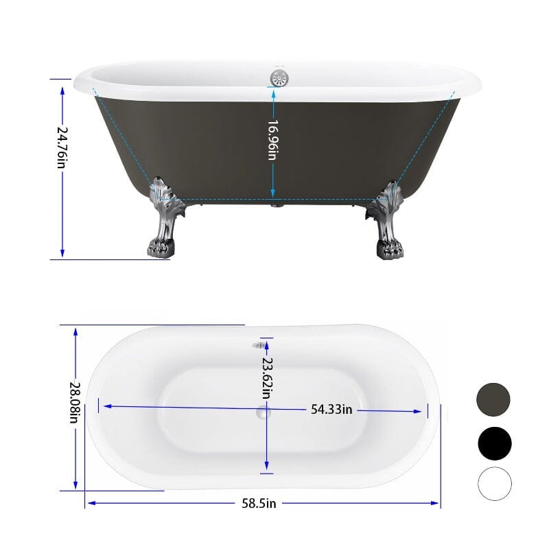 59" Double Ended Gray Clawfoot Tub Dimensions Details