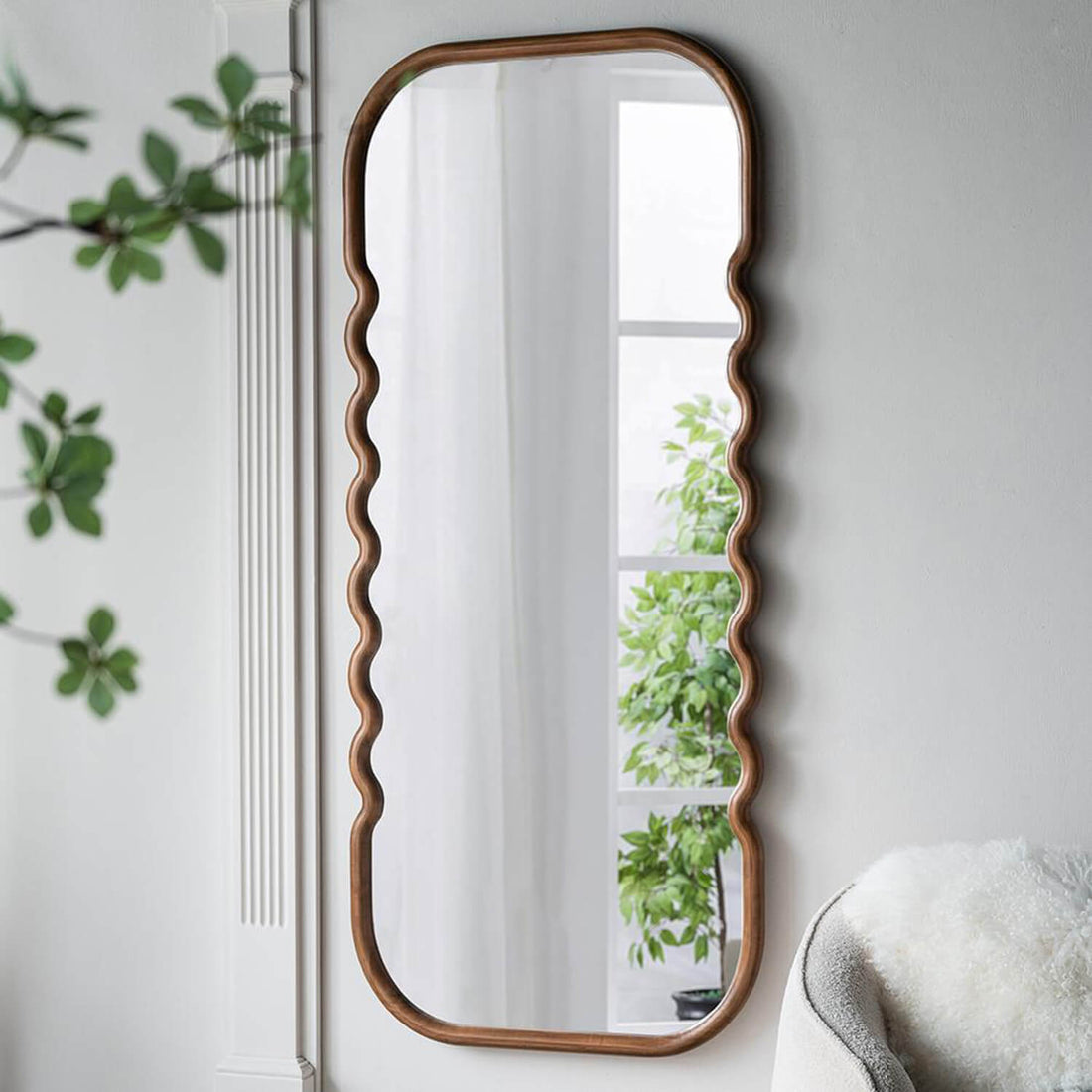 31"x74" Oversized Wooden Floor Mirror with Unique Curved Brown Frame