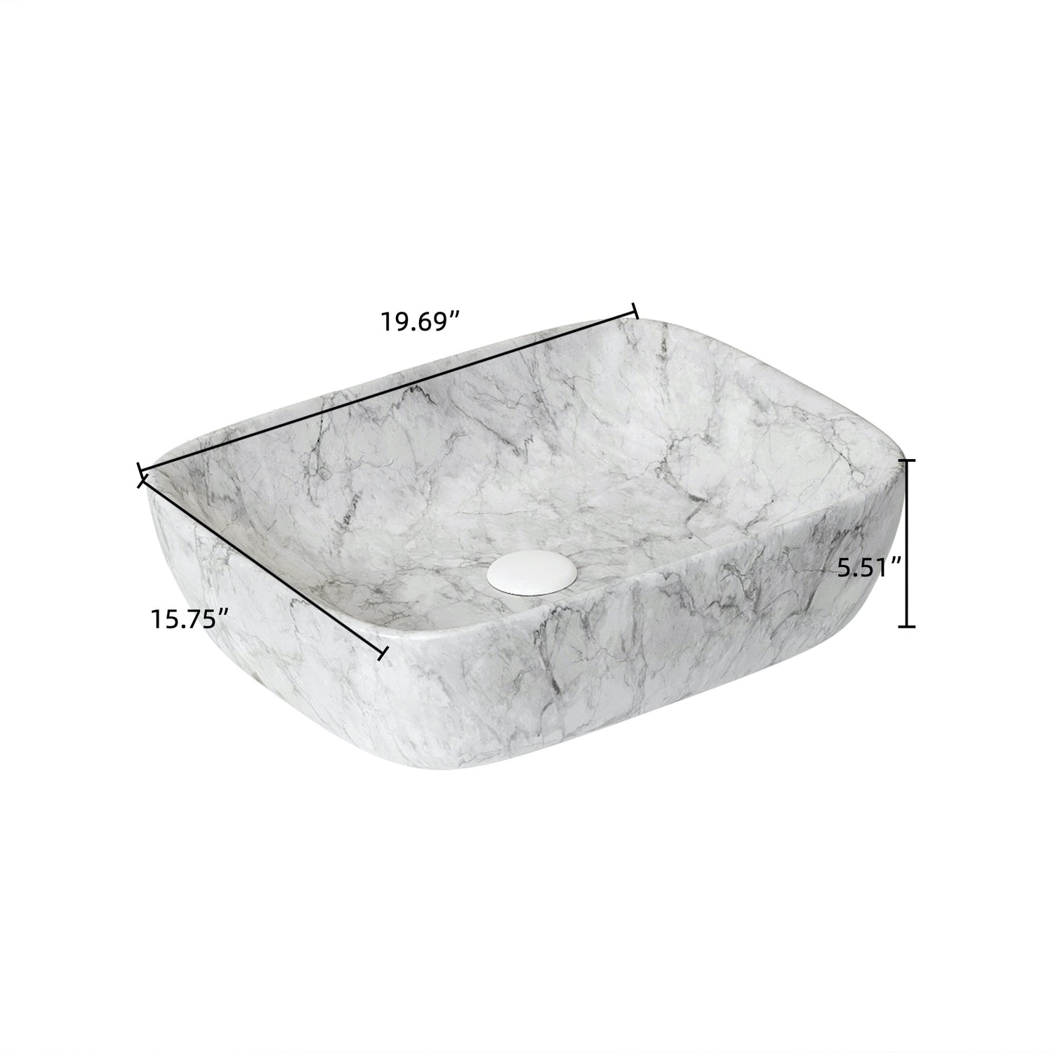 19"x15" White Ceramic Rectangular Bathroom Sink with Marble Pattern