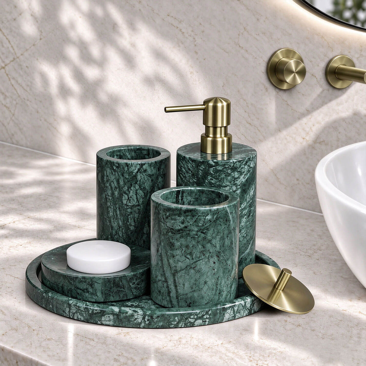 5-Piece Emerald Green Marble Bathroom Accessory Set with Round Vanity Tray, Gold Accents