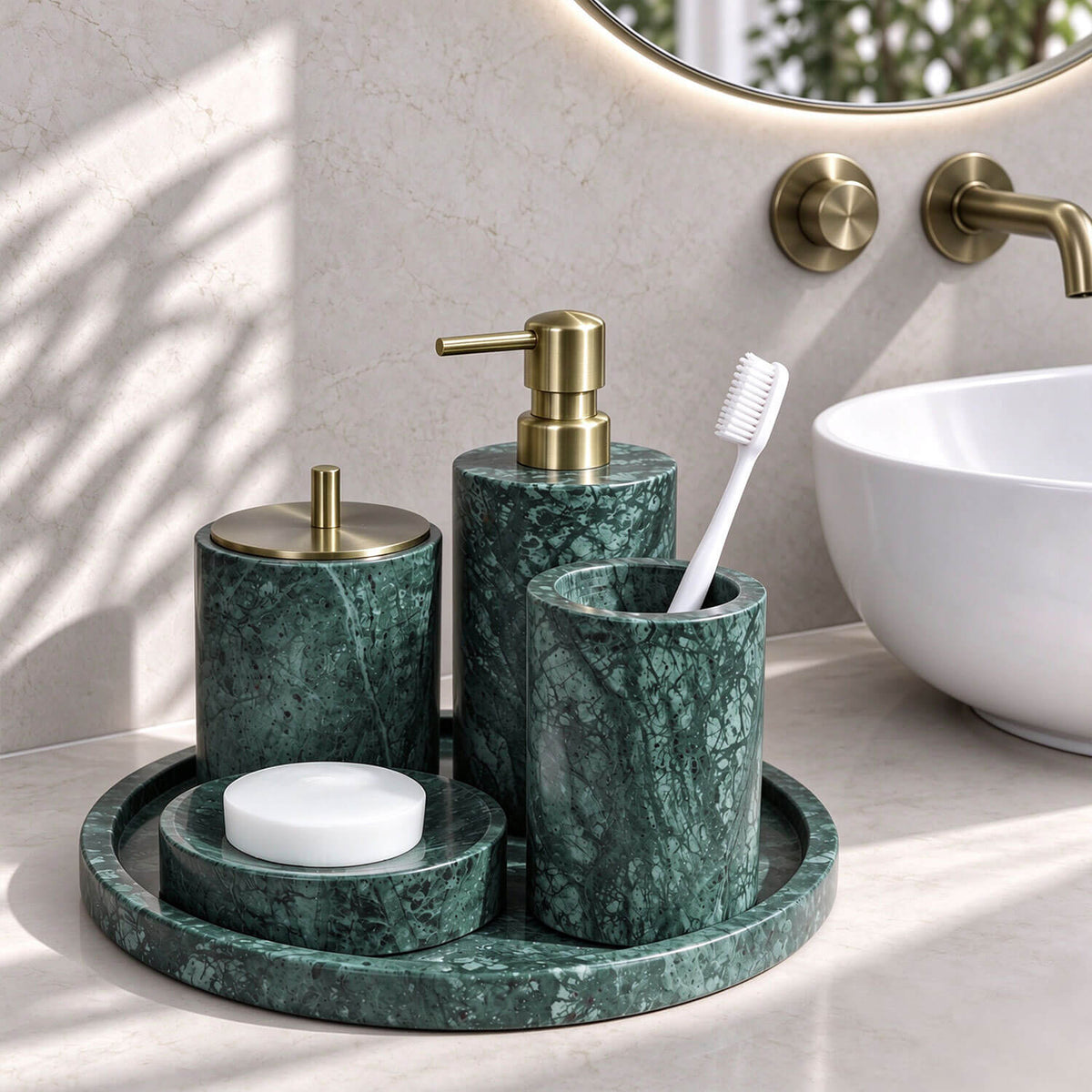 5-Piece Emerald Green Marble Bathroom Accessory Set with Round Vanity Tray, Gold Accents