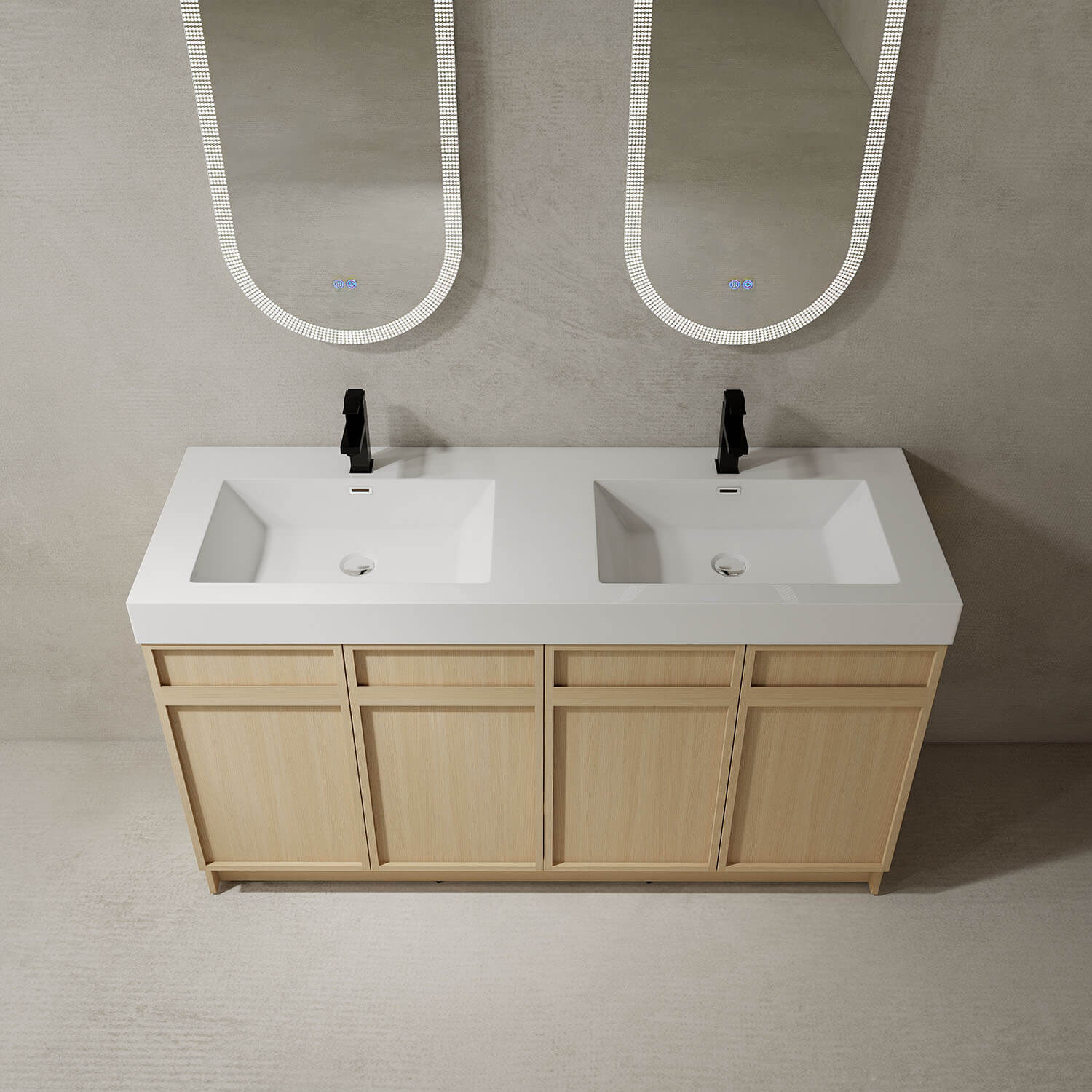 top view of 60 inch White Oak Bathroom Vanity with Double Resin Sink and Soft Close Doors