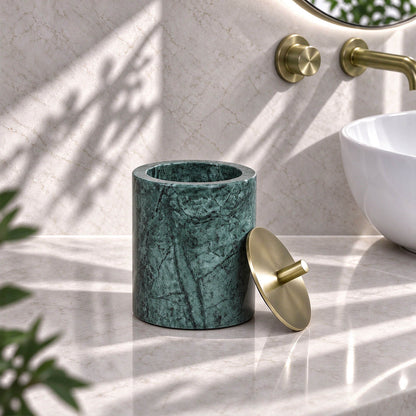 5-Piece Emerald Green Marble Bathroom Accessory Set with Round Vanity Tray, Gold Accents