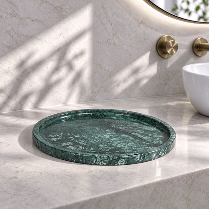 5-Piece Emerald Green Marble Bathroom Accessory Set with Round Vanity Tray, Gold Accents