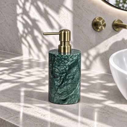 5-Piece Emerald Green Marble Bathroom Accessory Set with Round Vanity Tray, Gold Accents
