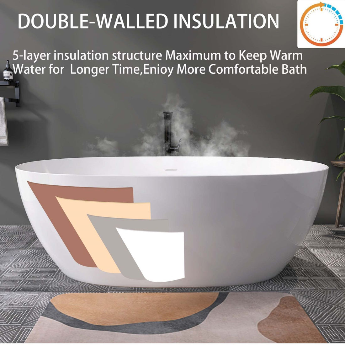 67" Glossy white oval acrylic freestanding bathtub with extra long insulation