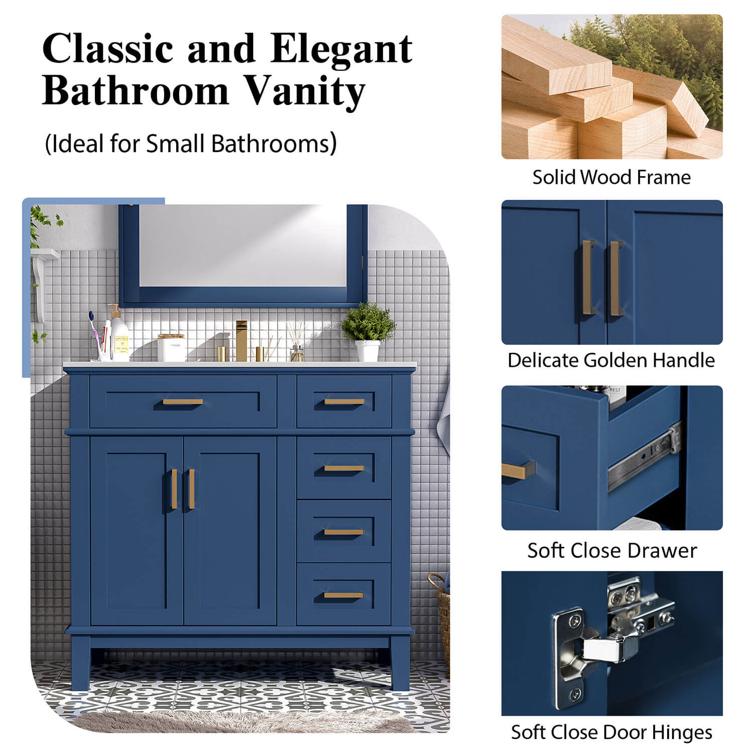 91 cm Marineblau Massivholz-Badezimmerwaschtisch mit Keramikspülbecken