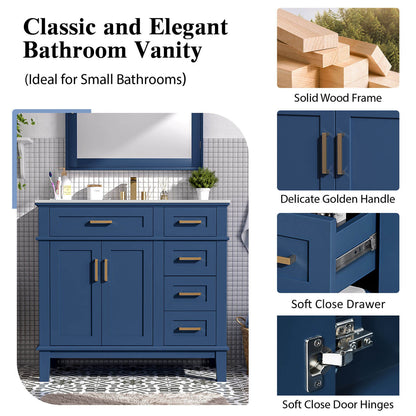 91 cm Marineblau Massivholz-Badezimmerwaschtisch mit Keramikspülbecken