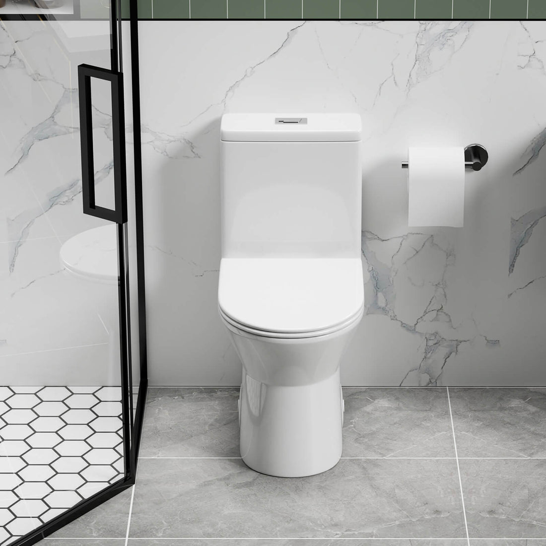 1.1 1.6 GPF quiet dual flush rimless toilet front view