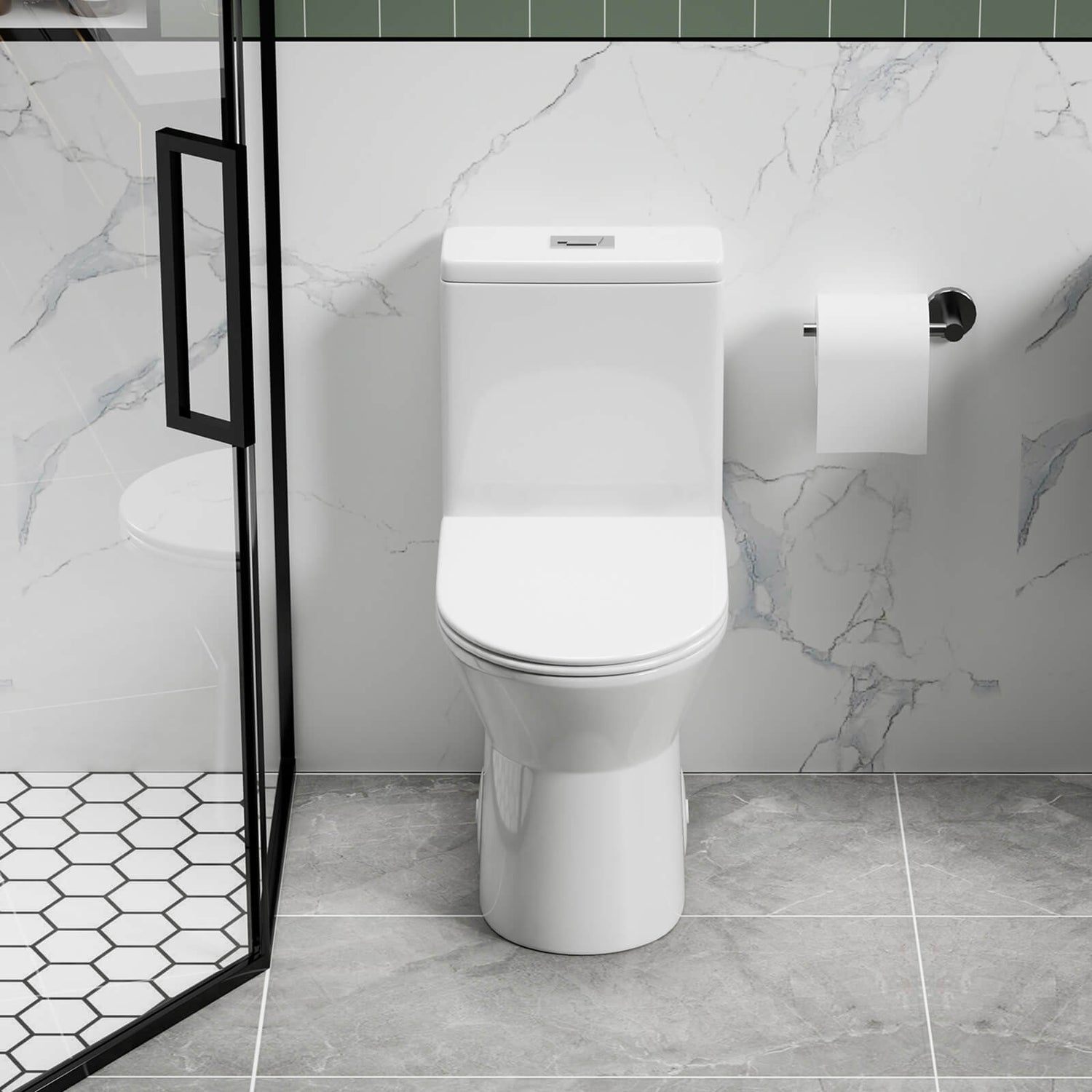 1.1 1.6 GPF quiet dual flush rimless toilet front view