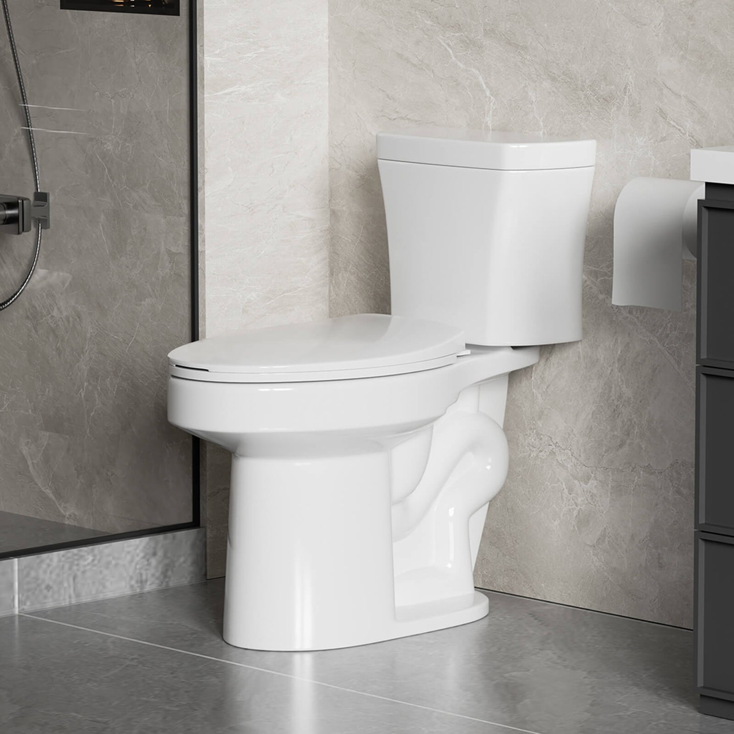 1.28 GPF two piece toilet with Tornado flush system in white bathroom
