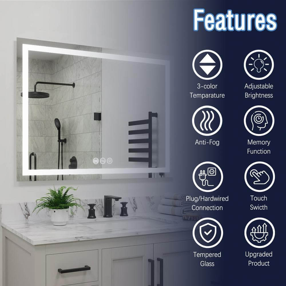 48&quot; x 36&quot; Rectangular Frameless LED Lighted Wall Mount Bathroom Vanity Mirror with Memory Function