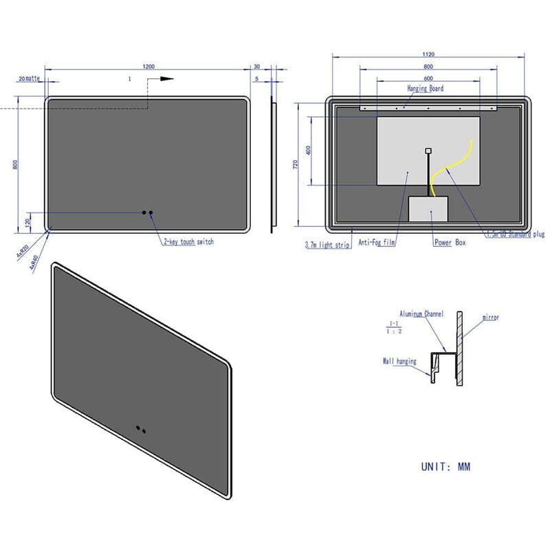 LED Light Bathroom Vanity Rounded Rectangle Mirror Frameless Anti Fog