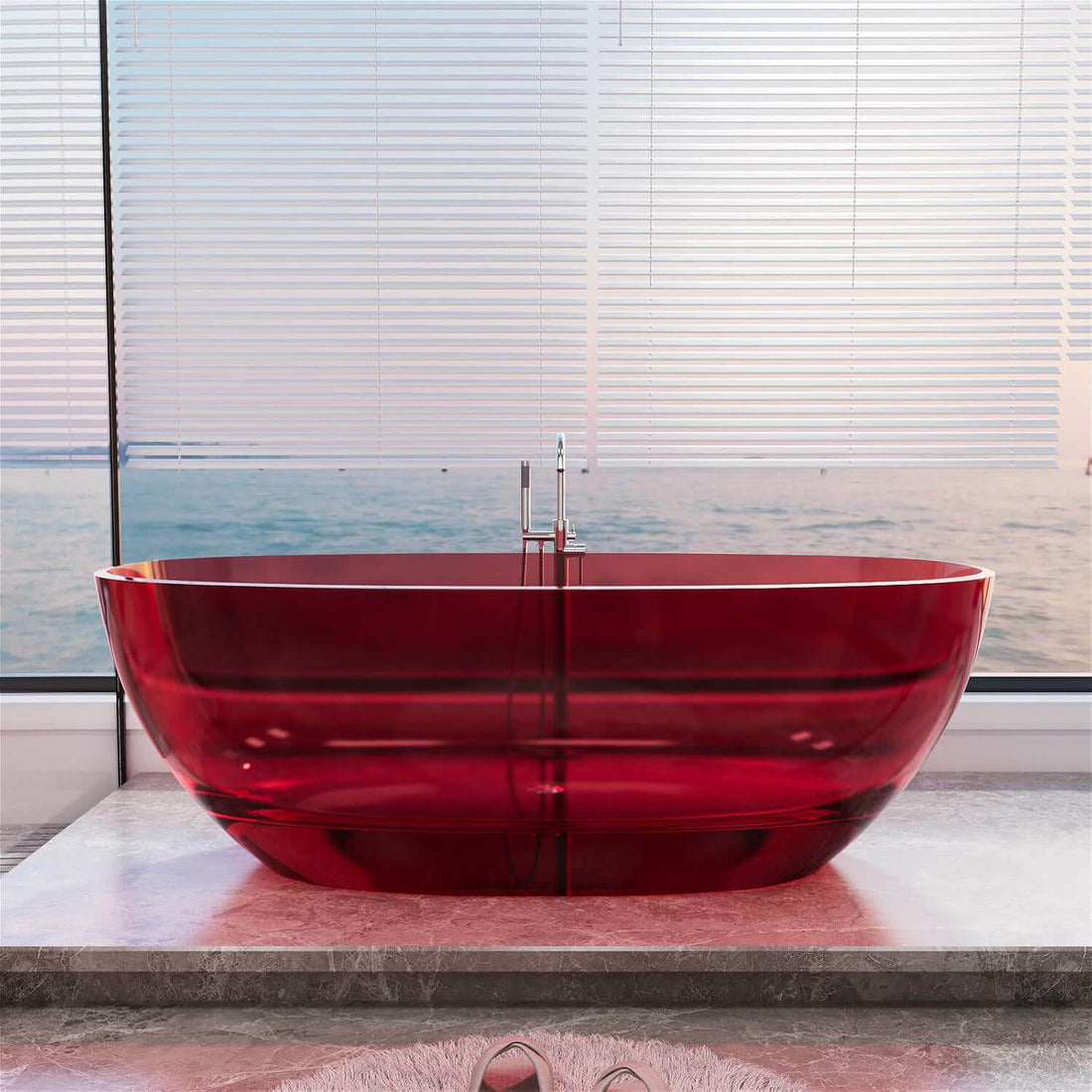 65" Red Transparent Freestanding Resin Bathtub