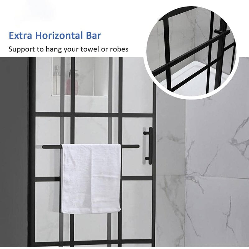60 in. W x 72 in. H Explosion-proof Glass Sliding Framed Grid Shower Door with Towel Bar and Door Handle