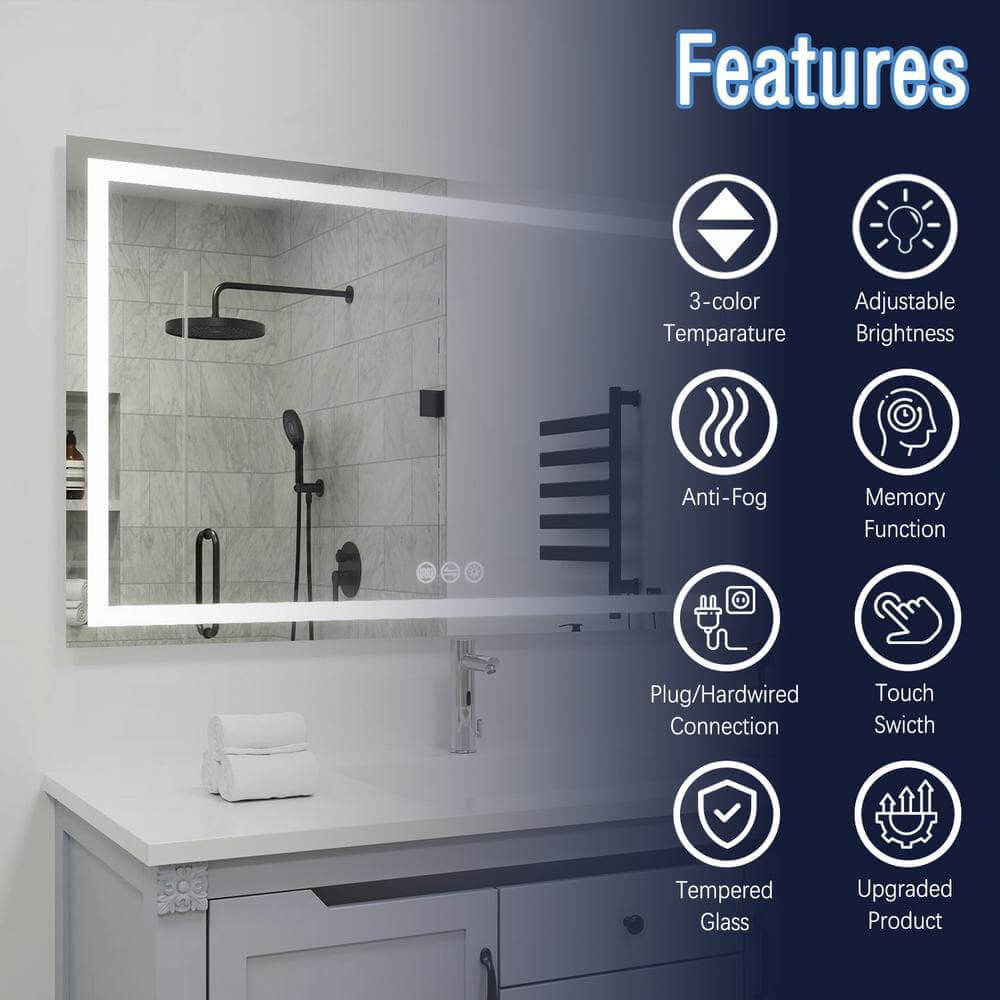 60&quot; x 36&quot; Rectangular Frameless LED Lighted Wall Mount Bathroom Vanity Mirror with Memory Function