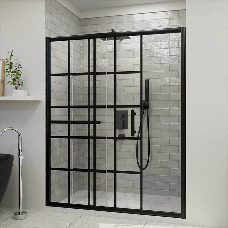 60 in. W x 72 in. H Explosion-proof Glass Sliding Framed Grid Shower Door with Towel Bar and Door Handle