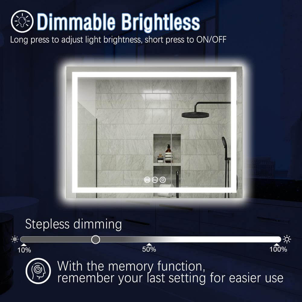 48&quot; x 36&quot; Rectangular Frameless LED Lighted Wall Mount Bathroom Vanity Mirror with Memory Function