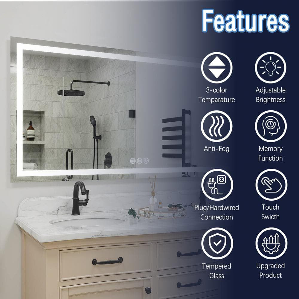 72&quot; x 36&quot; Rectangular Frameless LED Lighted Wall Mount Bathroom Vanity Mirror with Memory Function
