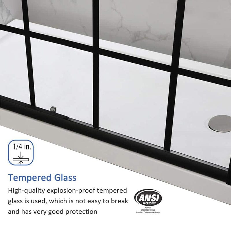 60 in. W x 72 in. H Explosion-proof Glass Sliding Framed Grid Shower Door with Towel Bar and Door Handle