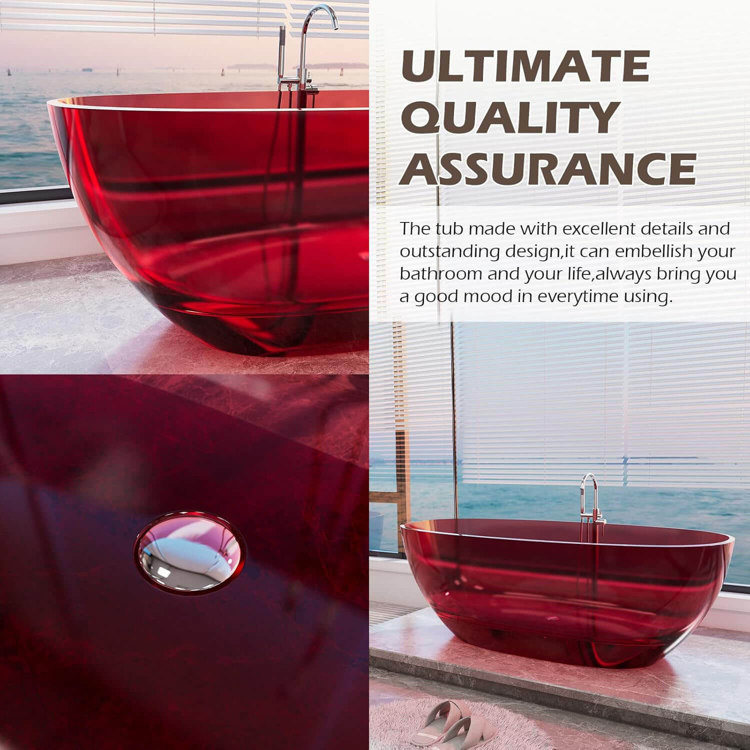 65&quot; Red Transparent Freestanding Resin Bathtub