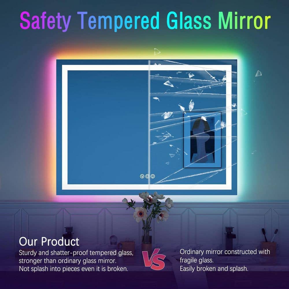 RGB LED Light Bathroom Vanity Mirror Rectangular Frameless Anti Fog