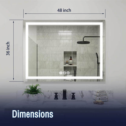 48&quot; x 36&quot; Rectangular Frameless LED Lighted Wall Mount Bathroom Vanity Mirror with Memory Function