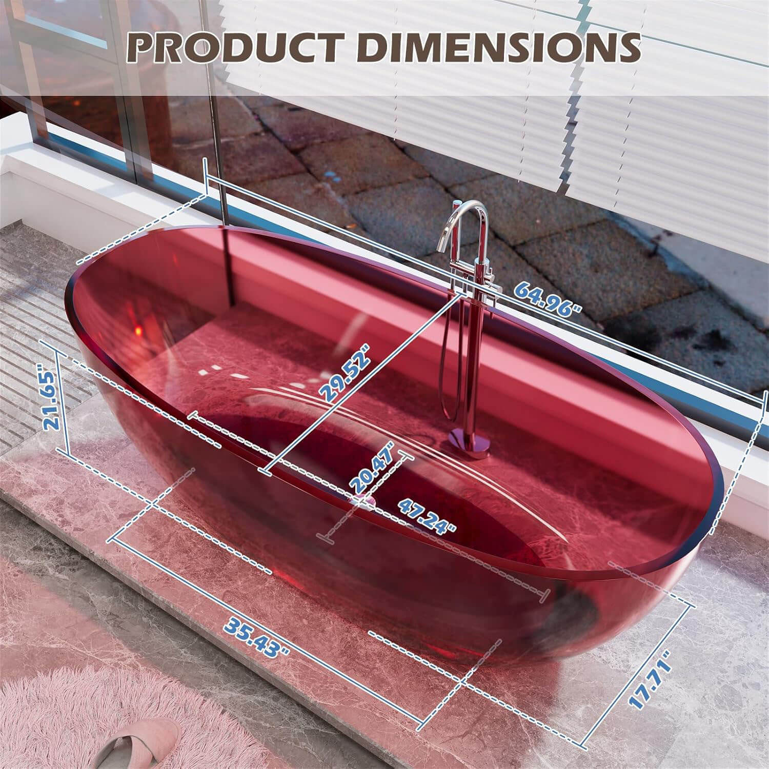 65&quot; Red Transparent Freestanding Resin Bathtub