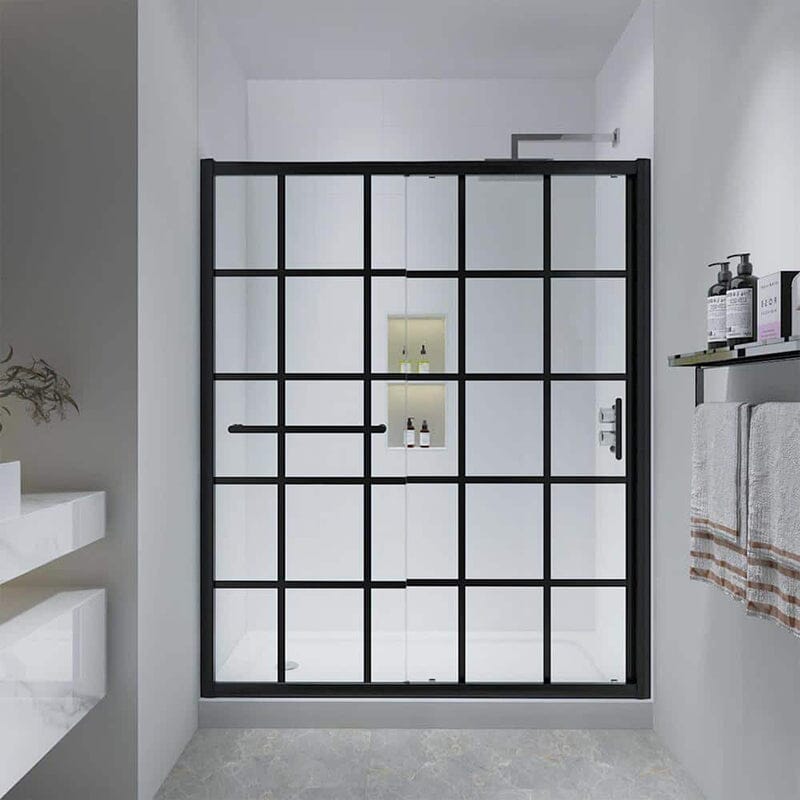 60 in. W x 72 in. H Explosion-proof Glass Sliding Framed Grid Shower Door with Towel Bar and Door Handle