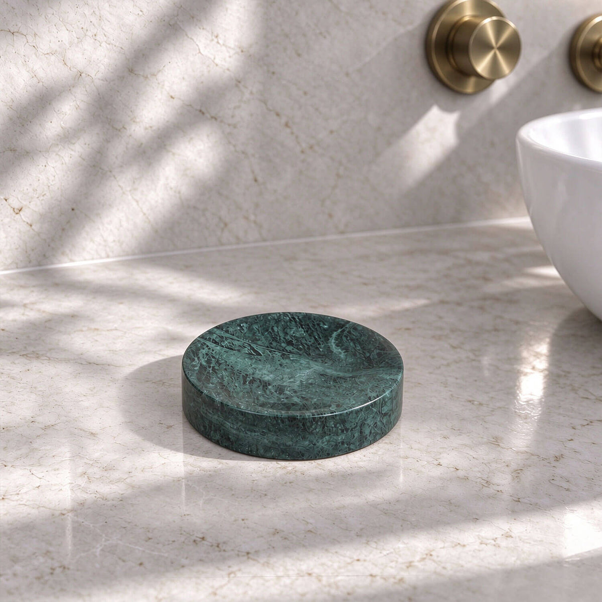 5-Piece Emerald Green Marble Bathroom Accessory Set with Round Vanity Tray, Gold Accents