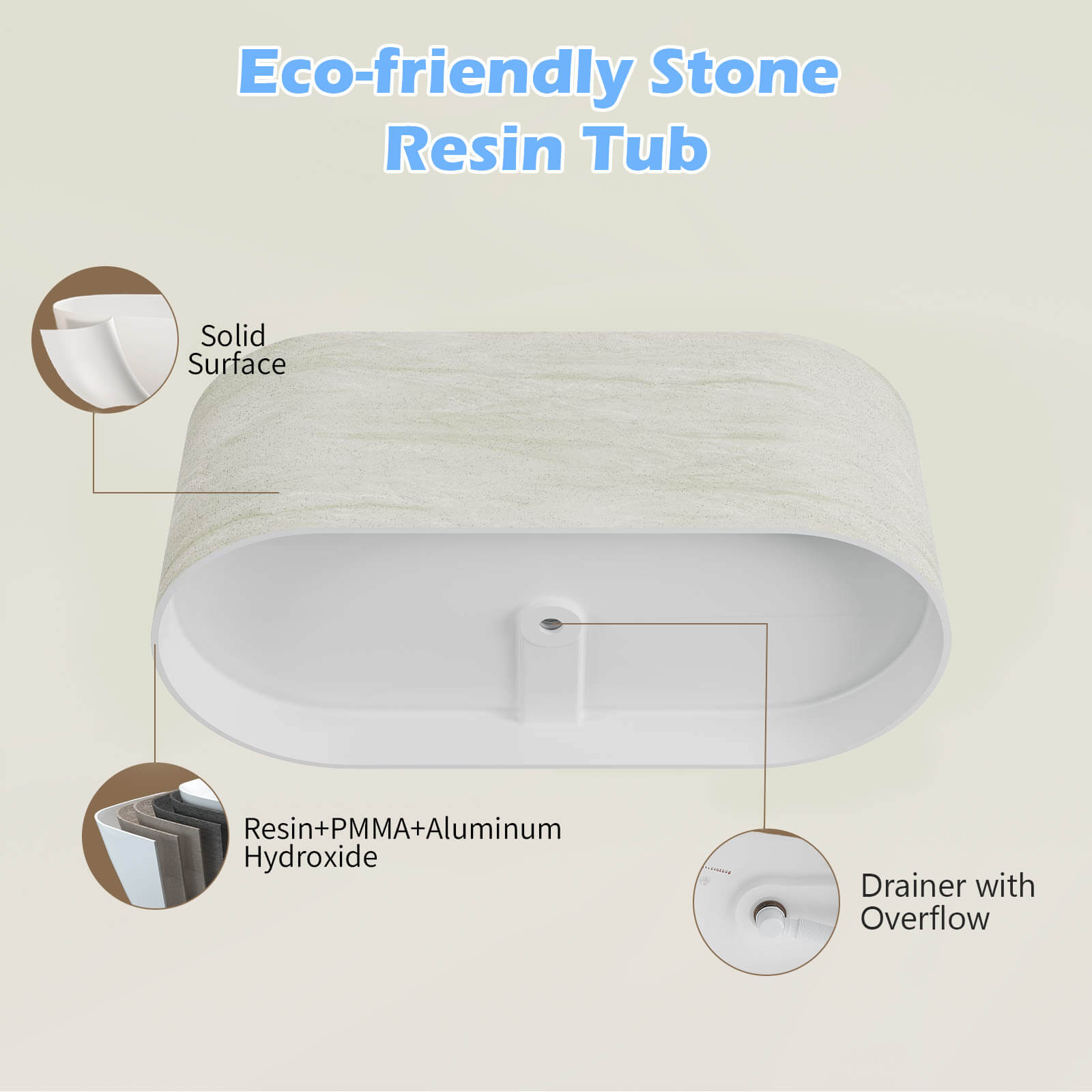 63" Beige Freestanding Solid Surface Bathtub in Stone Resin