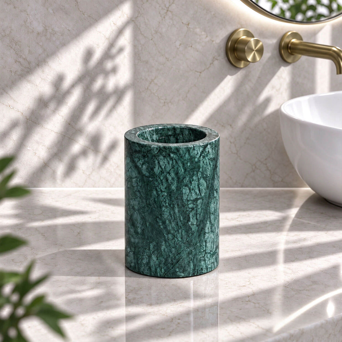 5-Piece Emerald Green Marble Bathroom Accessory Set with Round Vanity Tray, Gold Accents