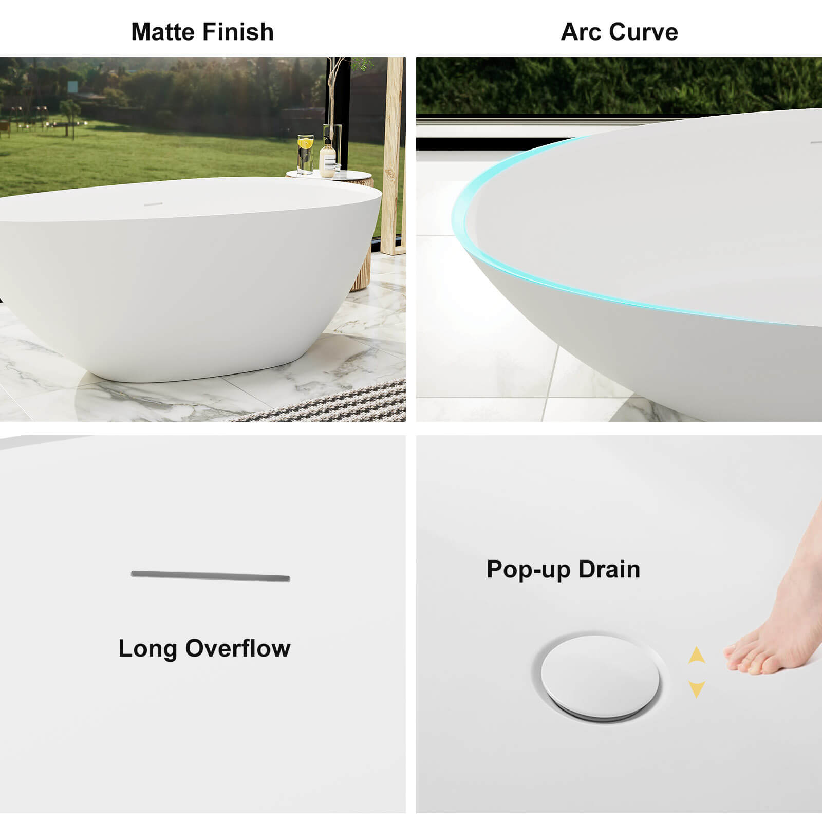 Detail of matte white 55&quot; small freestanding soaking tub