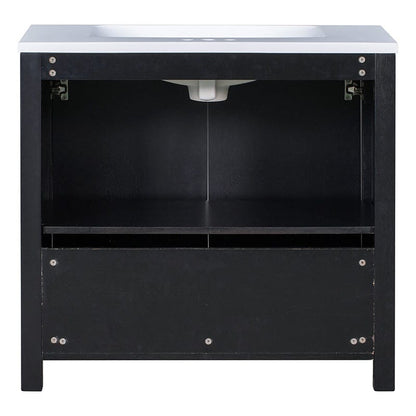 Elegant espresso cabinet with hidden handles and spacious compartments for organized bathroom storage