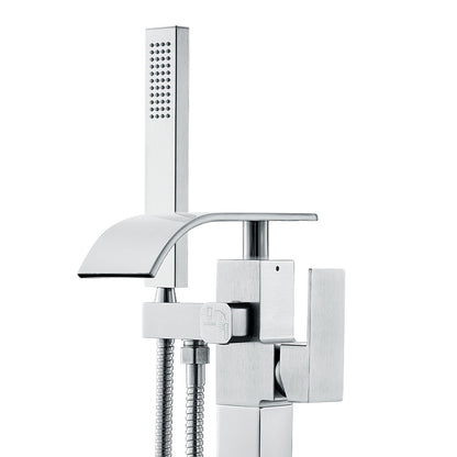 Bathroom Freestanding Tub Filler Faucet with Hand Shower Silver
