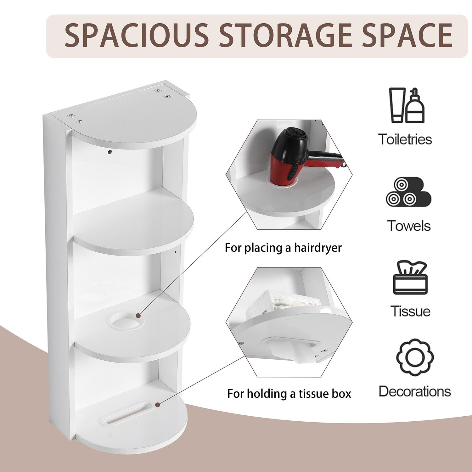 12-inch White 3-Tier Open Wall Cabinet for Bathroom