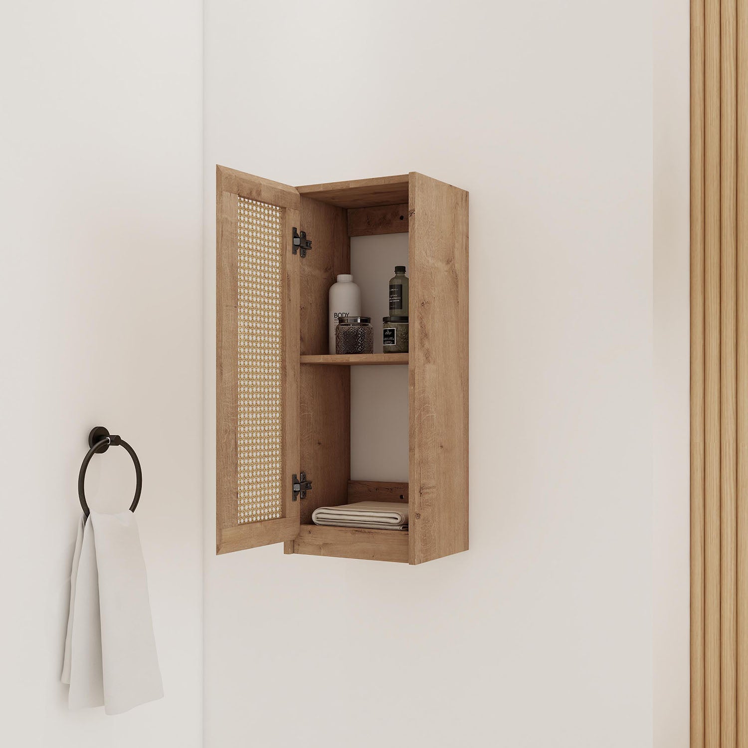 12-inch White Oak Bathroom Wall Cabinet with Rattan Door and Shelves