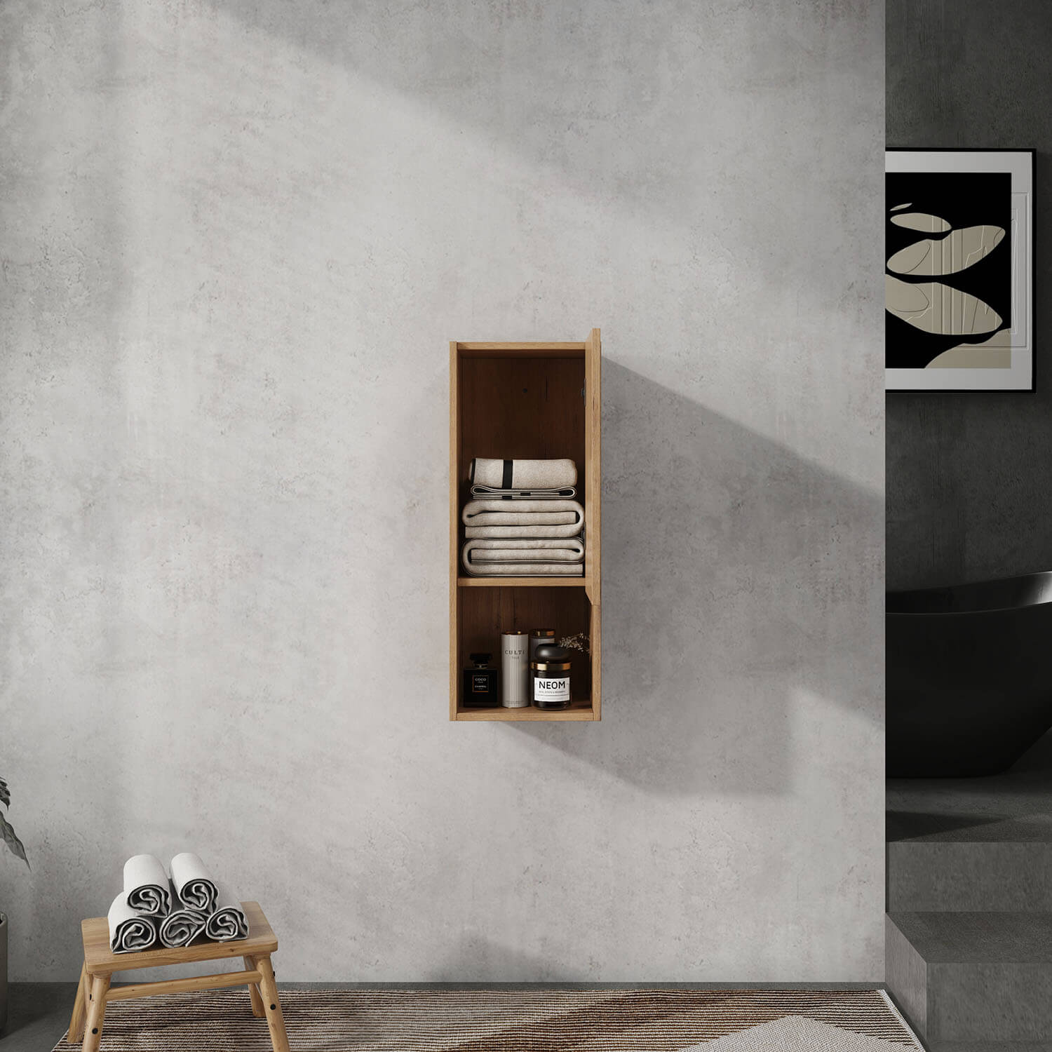 12-inch White Oak Bathroom Wall Cabinet with Soft Close Door and Open Shelf