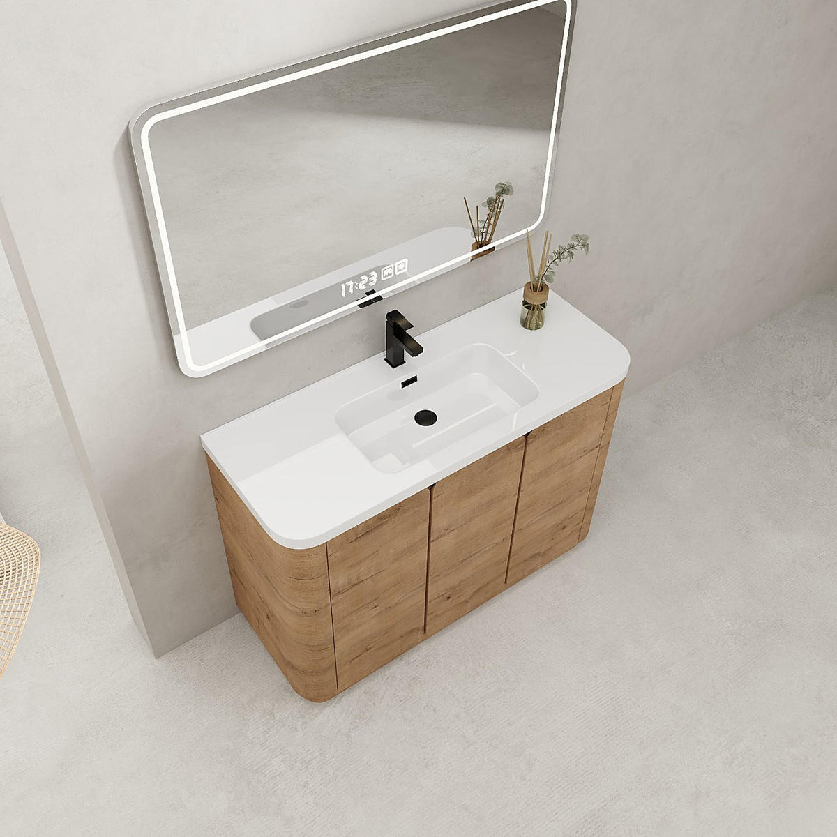 48-Inch Oak Modern Bathroom Vanity Single Resin Sink Top Side High Angle Display