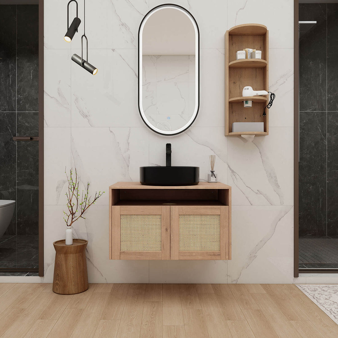 30" Floating Vanity with Black Ceramic Sink and 12" Wall Storage Cabinet