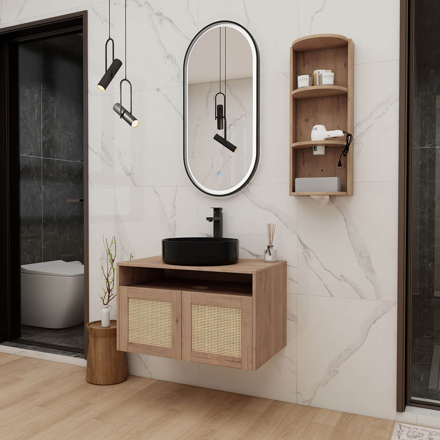 30" Floating Vanity with Black Ceramic Sink and 12" Wall Storage Cabinet