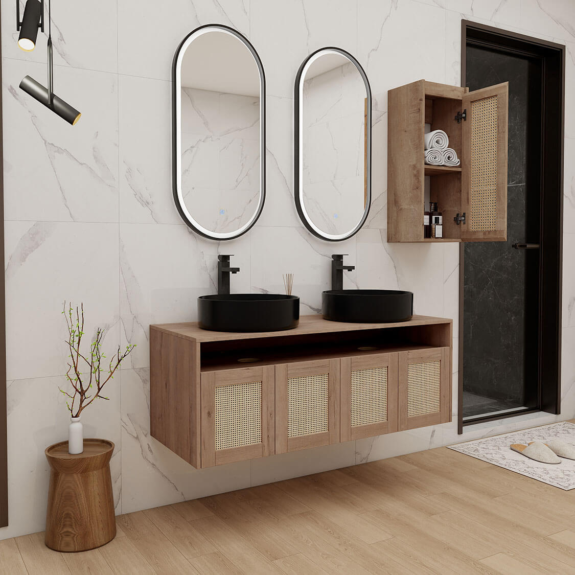 48" Bathroom Vanity with Black Ceramic Sink and 12" Wall-Mounted Cabinet