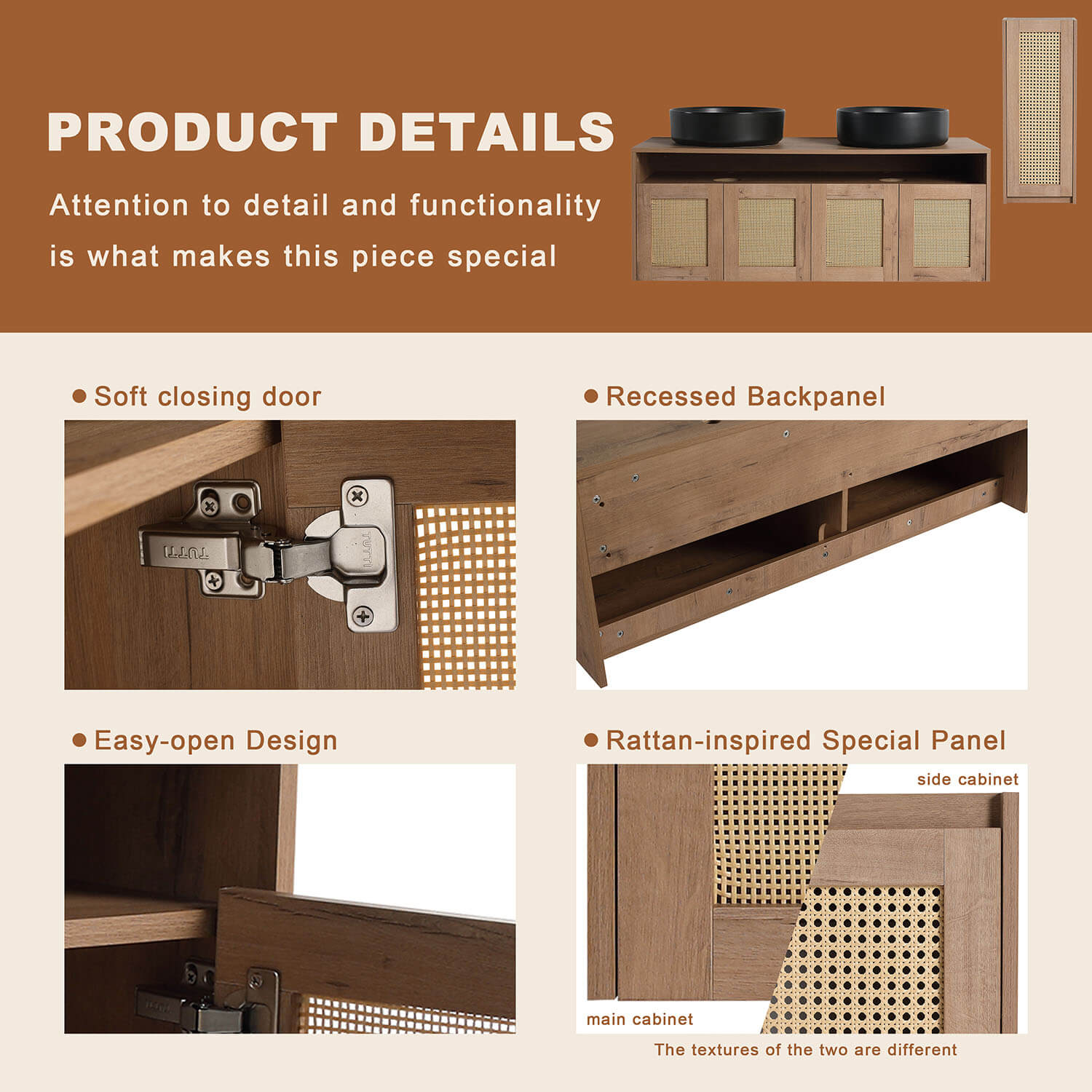 48" Bathroom Vanity with Black Ceramic Sink and 12" Wall-Mounted Cabinet