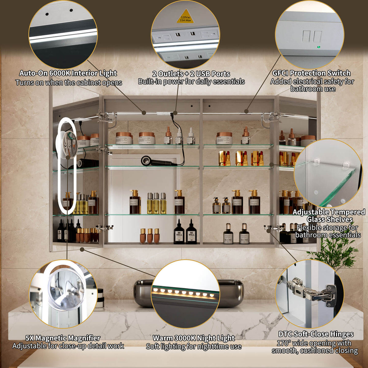 74x71cm Grüner Medizinschrank mit offenem Regal und Spiegeltüren