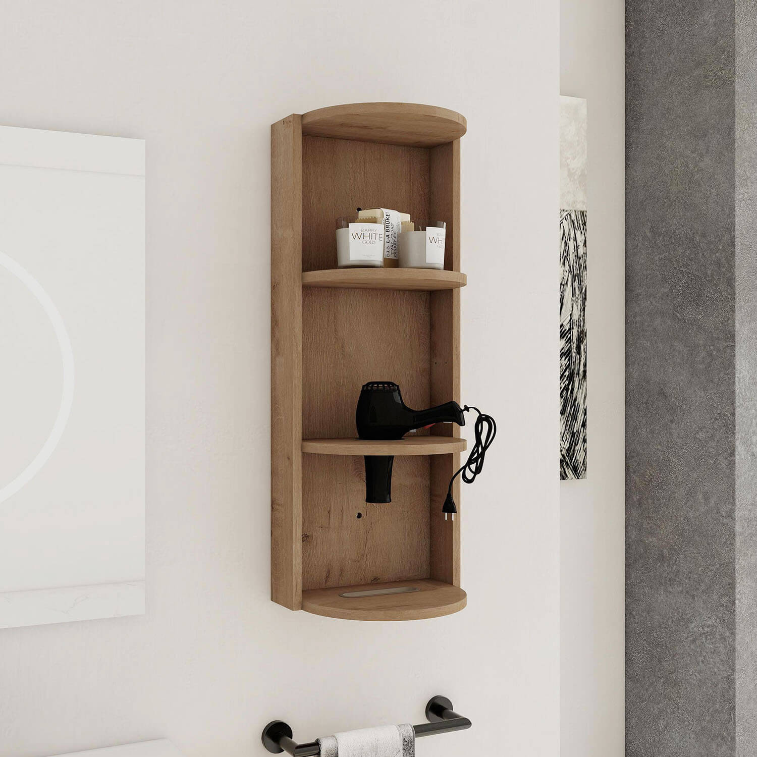 12 inch White Oak 3-Tier Open Wall Cabinet for Bathroom