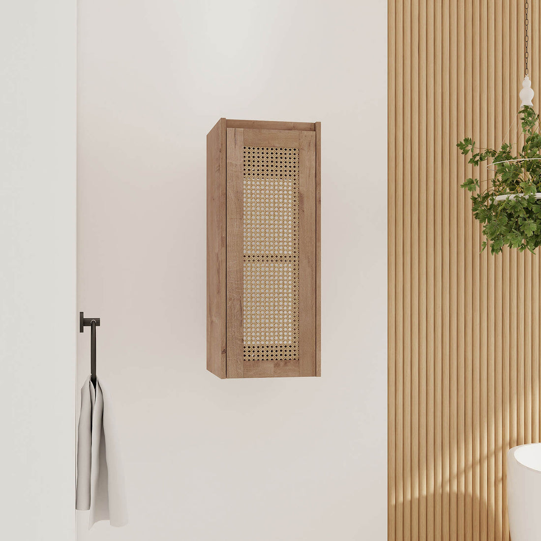 12 inch White Oak Bathroom Wall Cabinet with Rattan Door and Shelves