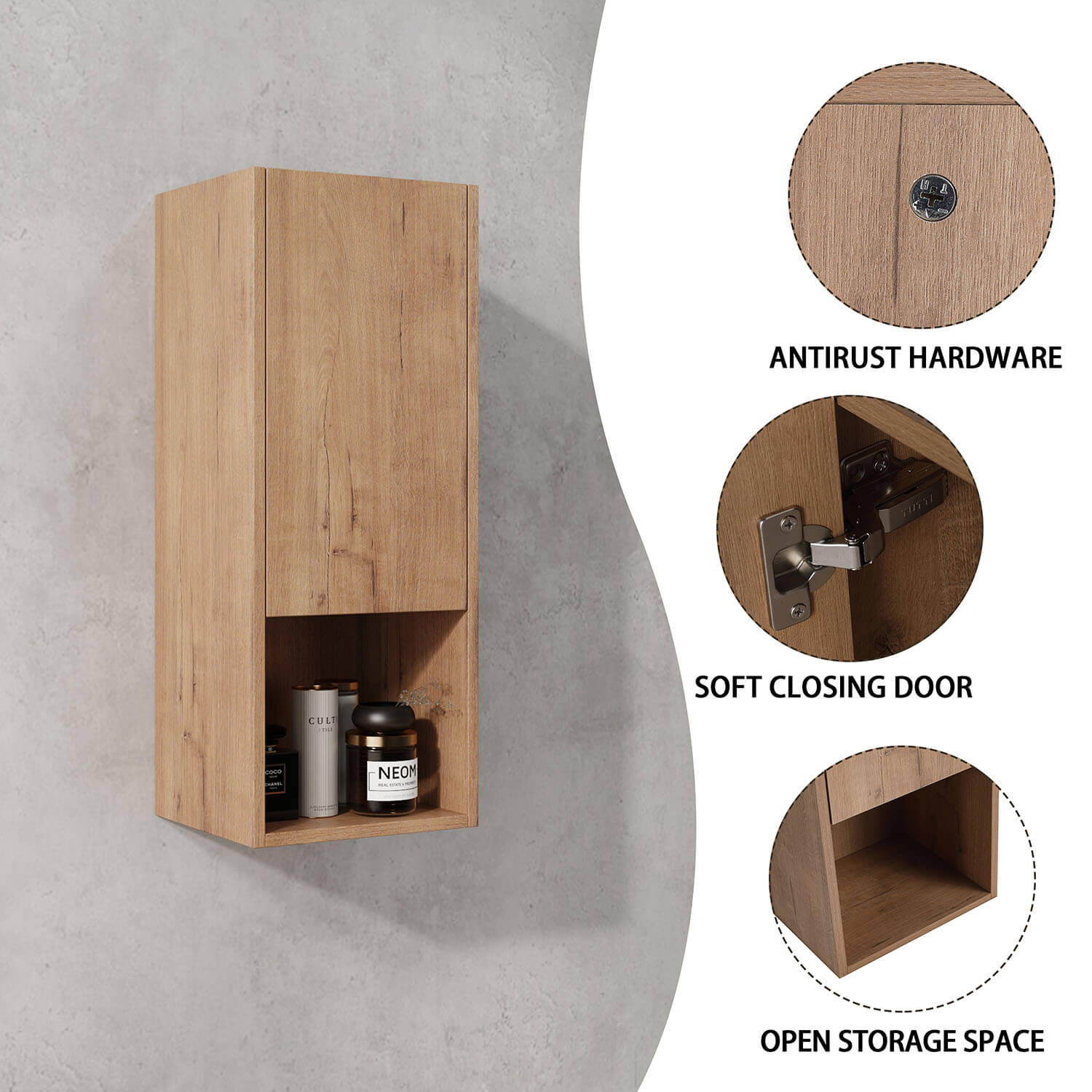 12 inch White Oak Bathroom Wall Cabinet with Soft-Closing Door and Open-Shelf